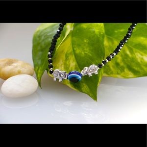 🧿 Evil Eye With Elephant Charm Black Silver Beaded Handmade Bracelet Unisex